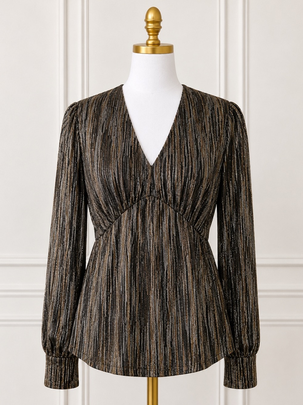 Michael Kors Metallic Plisse Peplum Top Long Sleeve V-Neck Gold Black Size S